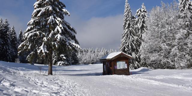 Départ des pistes de ski de fond depuis le parking de la Chapelle sur le Plateau de Retord